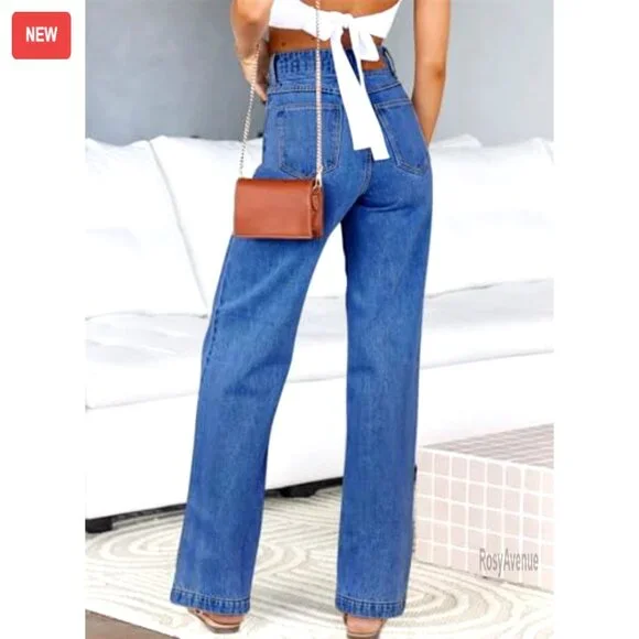 High Waisted Straight Leg Stretchy Jeans Wide Leg Denim Pants